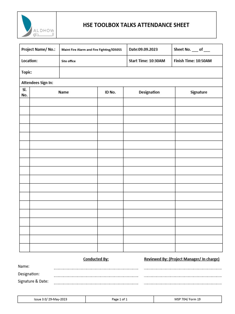 HSE Toolbox Talks Attendance Sheet 2023 | PDF