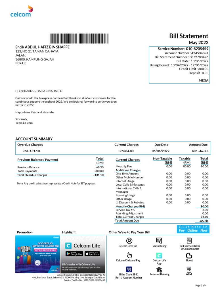 Celcom May 2022 Bill Statement | PDF | Money | Services (Economics)