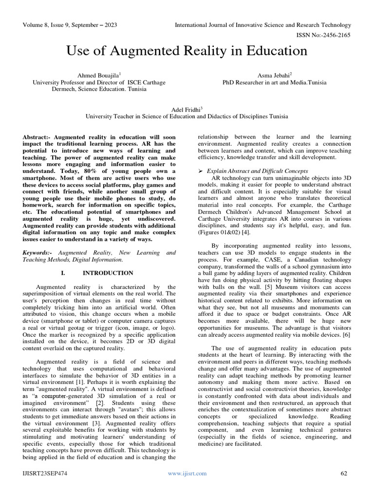 Use of Augmented Reality in Education PDF Augmented Reality