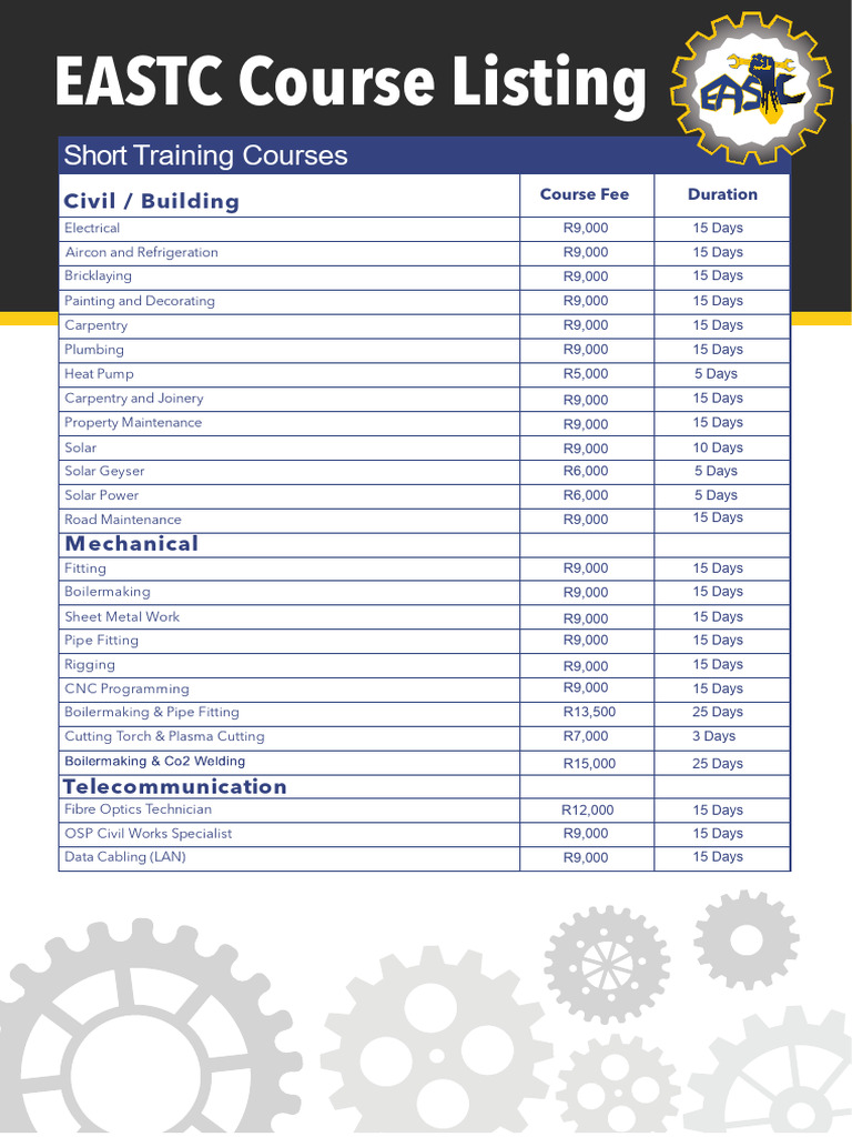 EASTC Course Listing | PDF | Welding | Construction