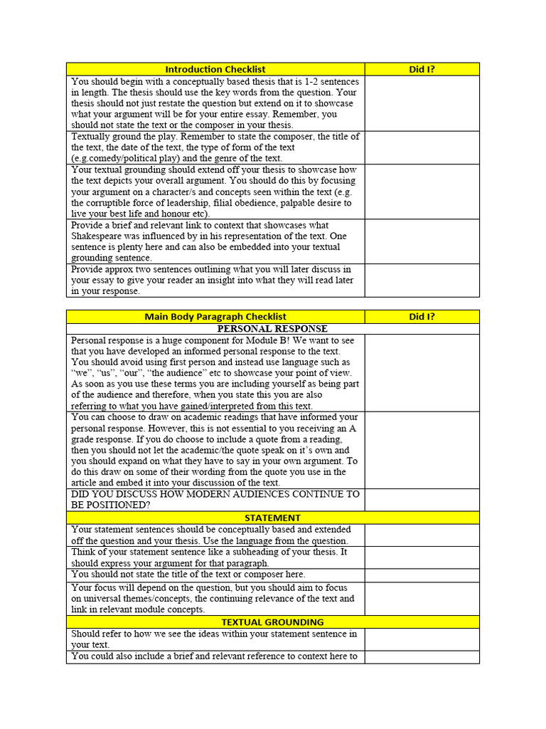 Essay Structure and Checklist Guide | PDF | Argument | Monologue