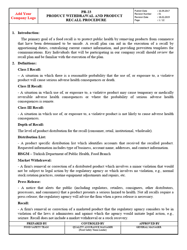 Product Recall and Withdrawal Procedure | PDF | Product (Business ...