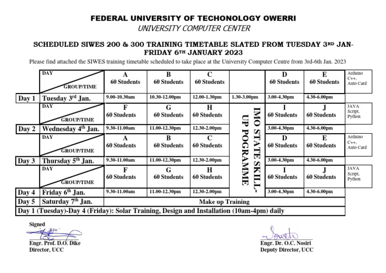 Scheduled Siwes 200 & 300 Training Timetable Slated From Tuesday 3RD ...