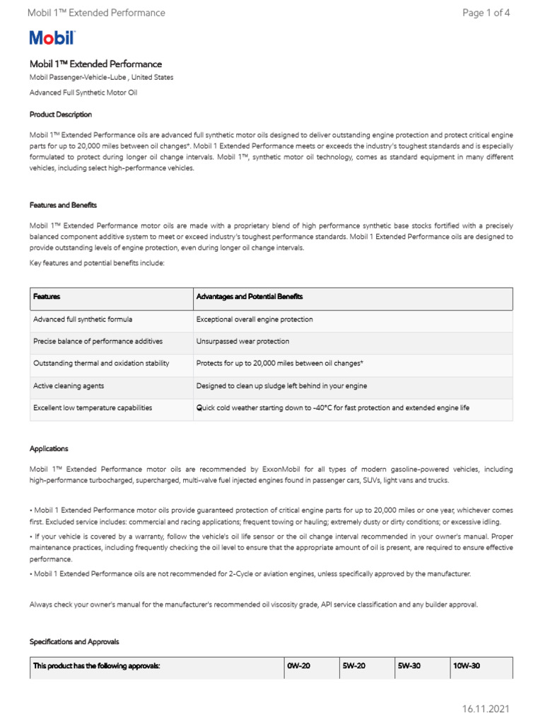 GL XX Mobil 1 Extended Performance Download Free PDF Motor Oil