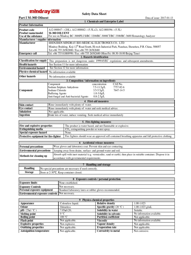 MSDS Mindray M30 PDF Dangerous Goods Safety