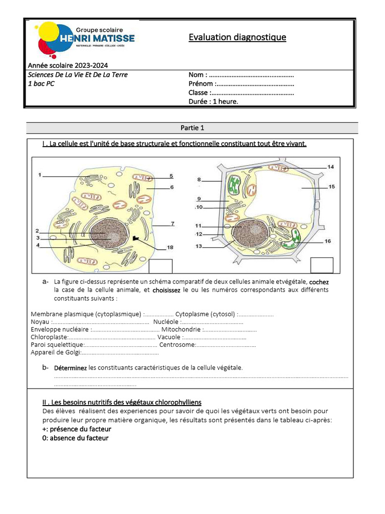 Évaluation Diagnostique SVT 2 Bac PC | PDF | Cytoplasme | Cellule ...