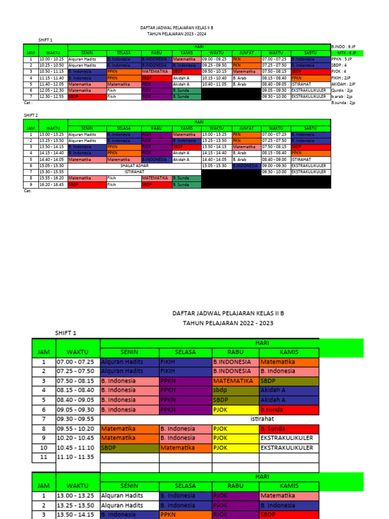 Jadwal Pelajaran Kelas 2 TP 2023-2024 | PDF
