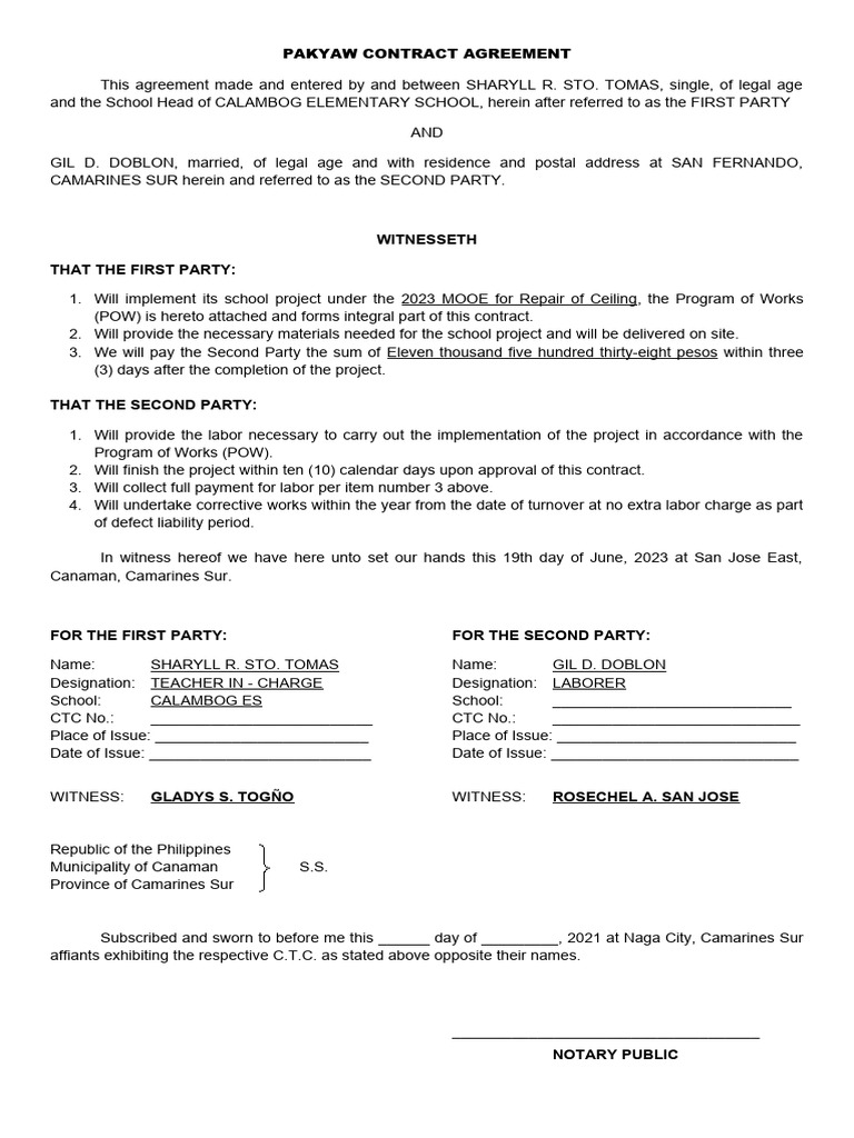 Pakyaw Contract Agreement for School Project | PDF | Civil Law (Legal ...