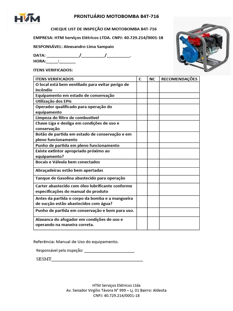 Checklist de Inspeção Motobomba B4T-716 | PDF | Engenharia Mecânica