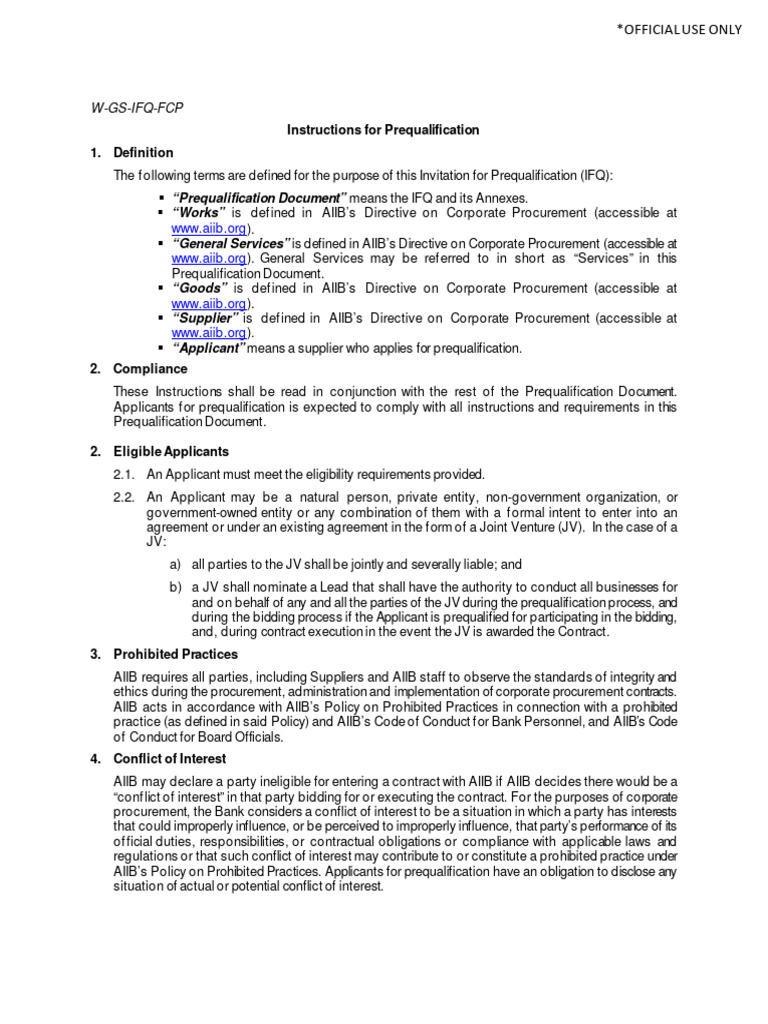 AIIB Prequalification Instructions Guide | PDF | Procurement | Conflict ...