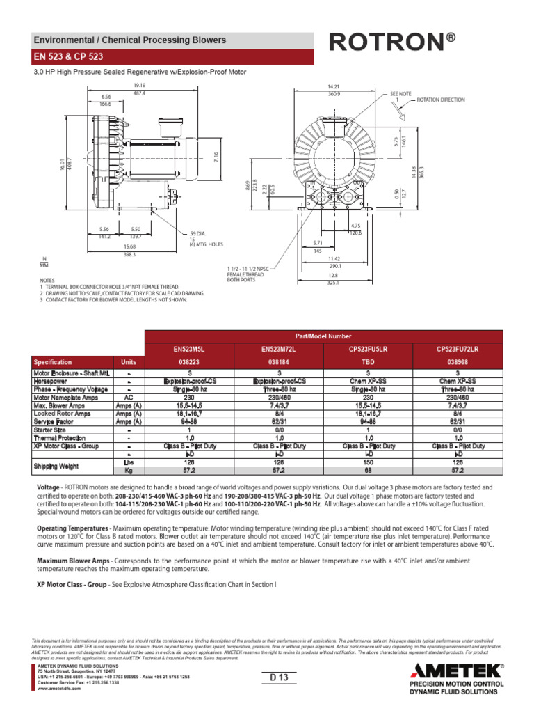 ROTRON Regenerative Blowers EN523 CP523 3.0HP | PDF | Temperature ...