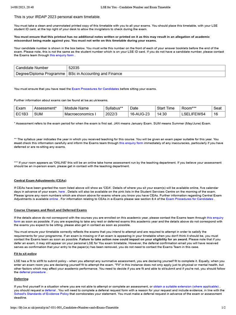 Lse For You Candidate Number And Exam Timetable Pdf London School