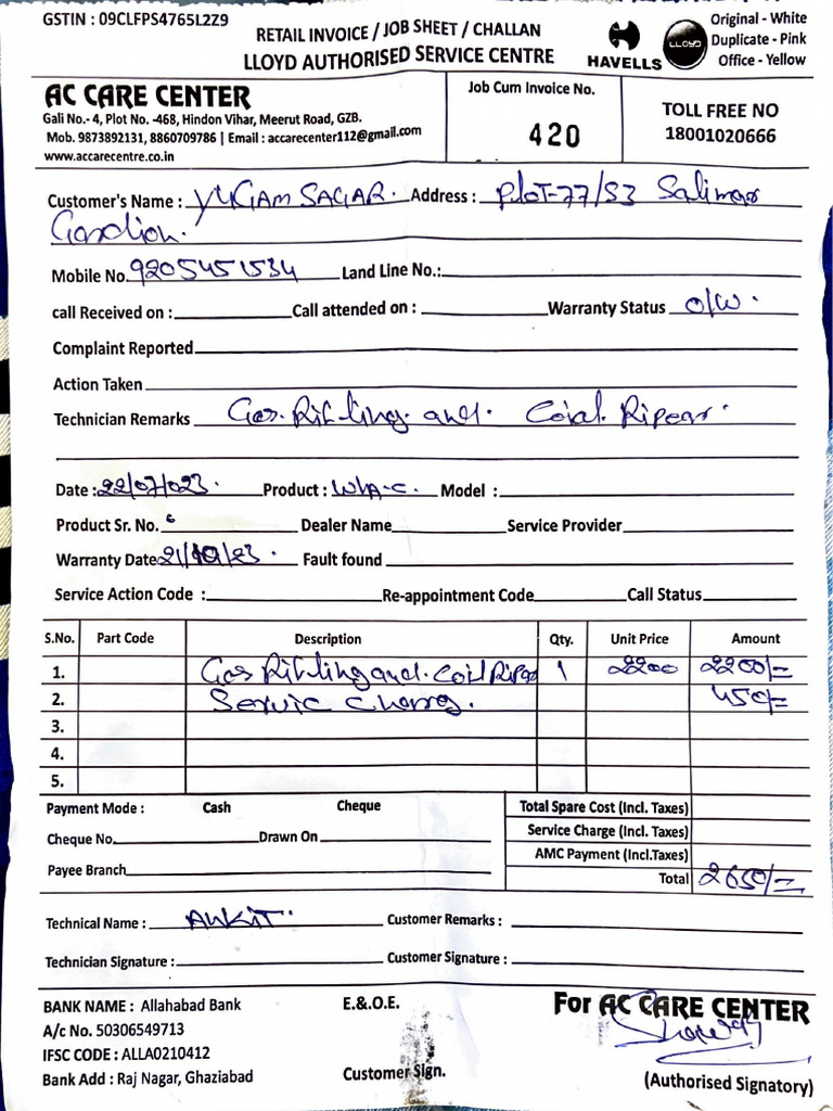 AC Service Invoice Template | PDF
