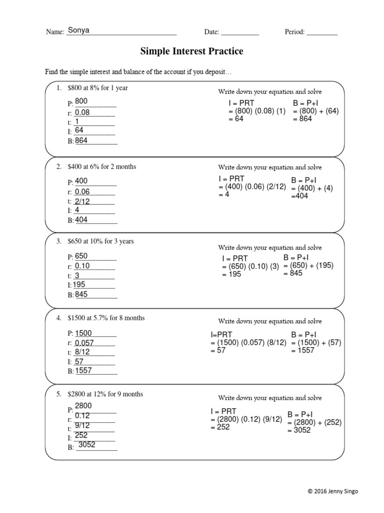 7th Grade Simple Interest Worksheet | PDF | Interest | Personal Development