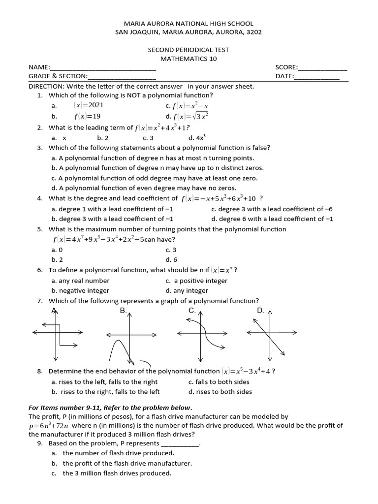 Mathematics 10 Periodical Test | PDF | Circle | Polynomial