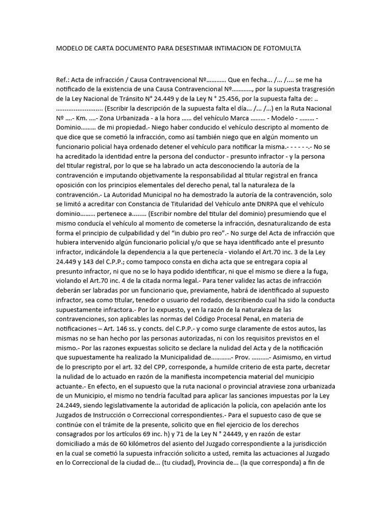 Modelo de Carta Documento para Desestimar Intimacion de Fotomulta | PDF ...