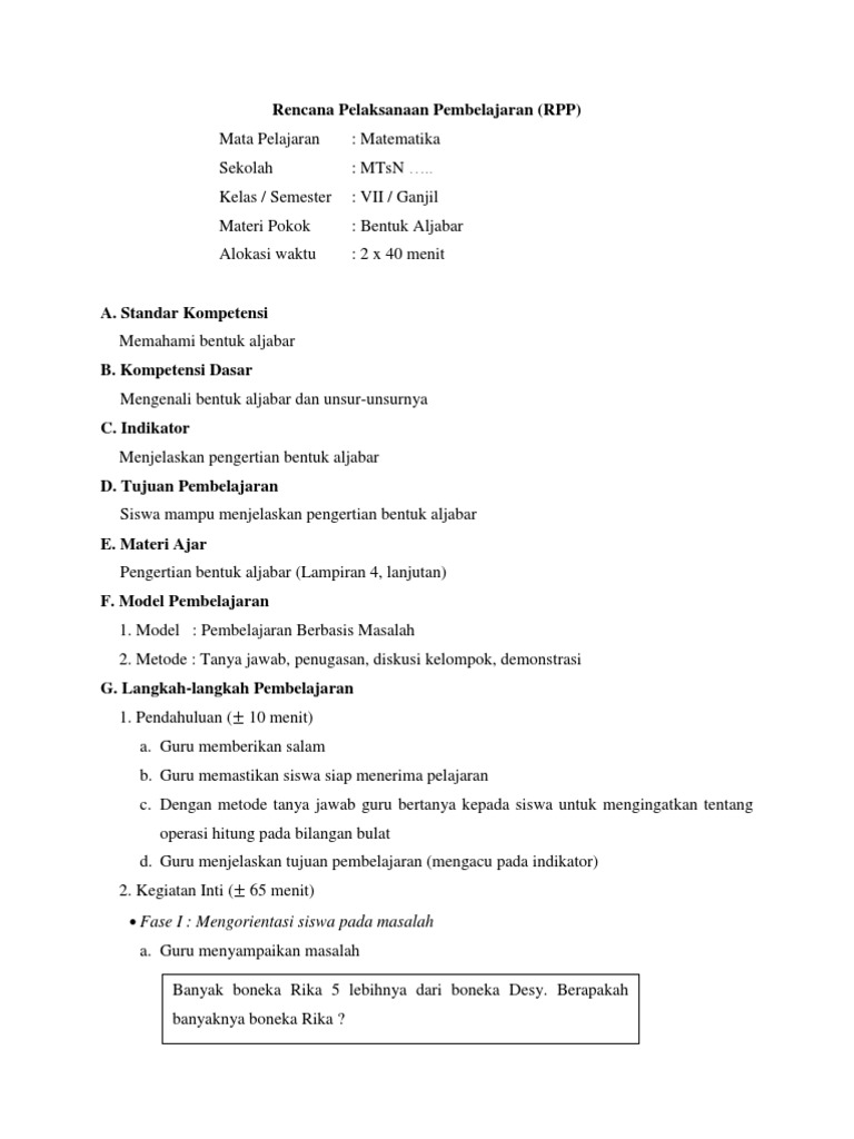 Rpp Pembelajaran Berbasis Masalah Pbm Pdf