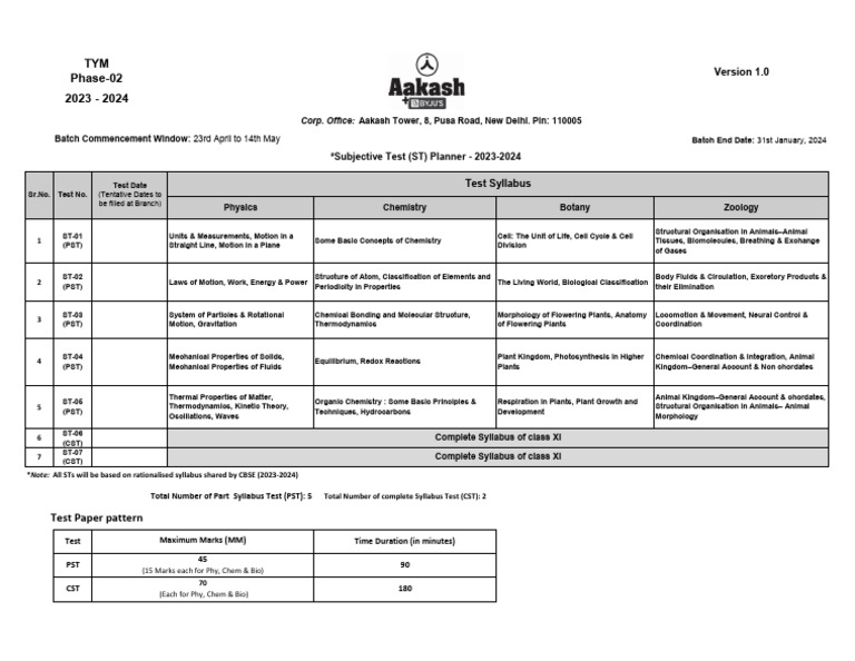 Subjective Test Planner - 2023-24 (TYM) Phase-02 Version 1.0 | PDF ...