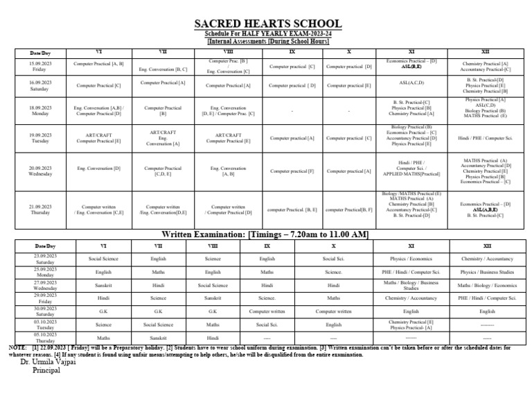 Half Yearly Exam Schedule 2023-24 | PDF | Science