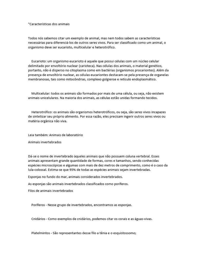 Caracter sticas dos animais pdf organismos eucariotas