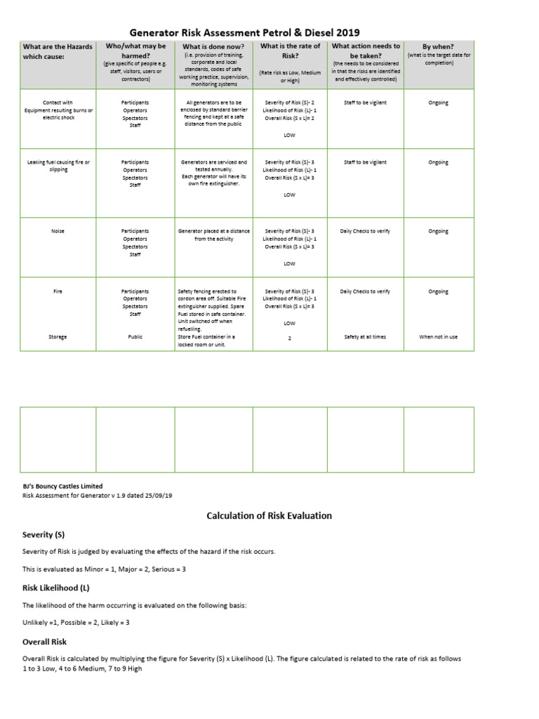 Diesel & Petrol Generator Risk Assessment | PDF | Risk | Risk Assessment