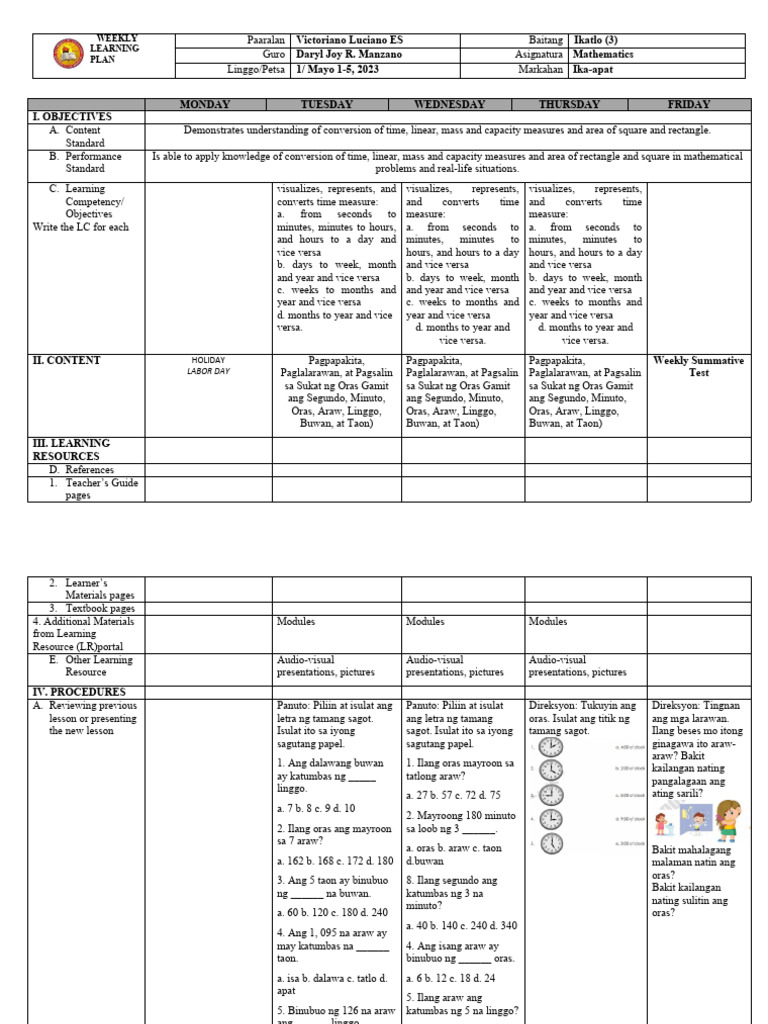 Monday Tuesday Wednesday Thursday Friday I. Objectives: Weekly Learning ...
