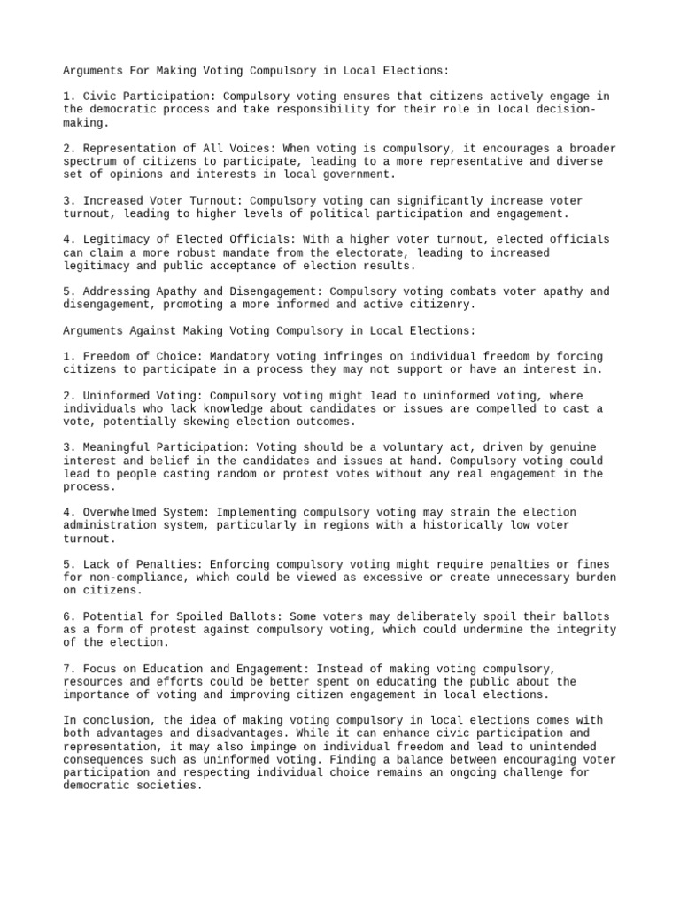 To Make It Compulsory For Everyone To Vote in Local Elections PDF Voting Elections