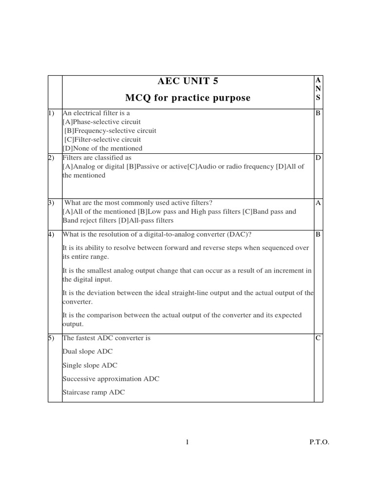 AEC MCQ Unit5 PDF Analog To Digital Converter Electronic Filter