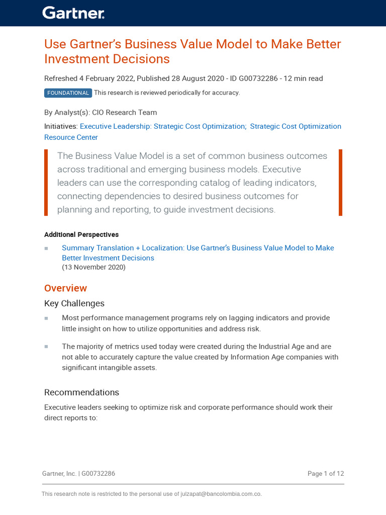 Use Gartner's Business Value Model To Make Better Investment Decisions