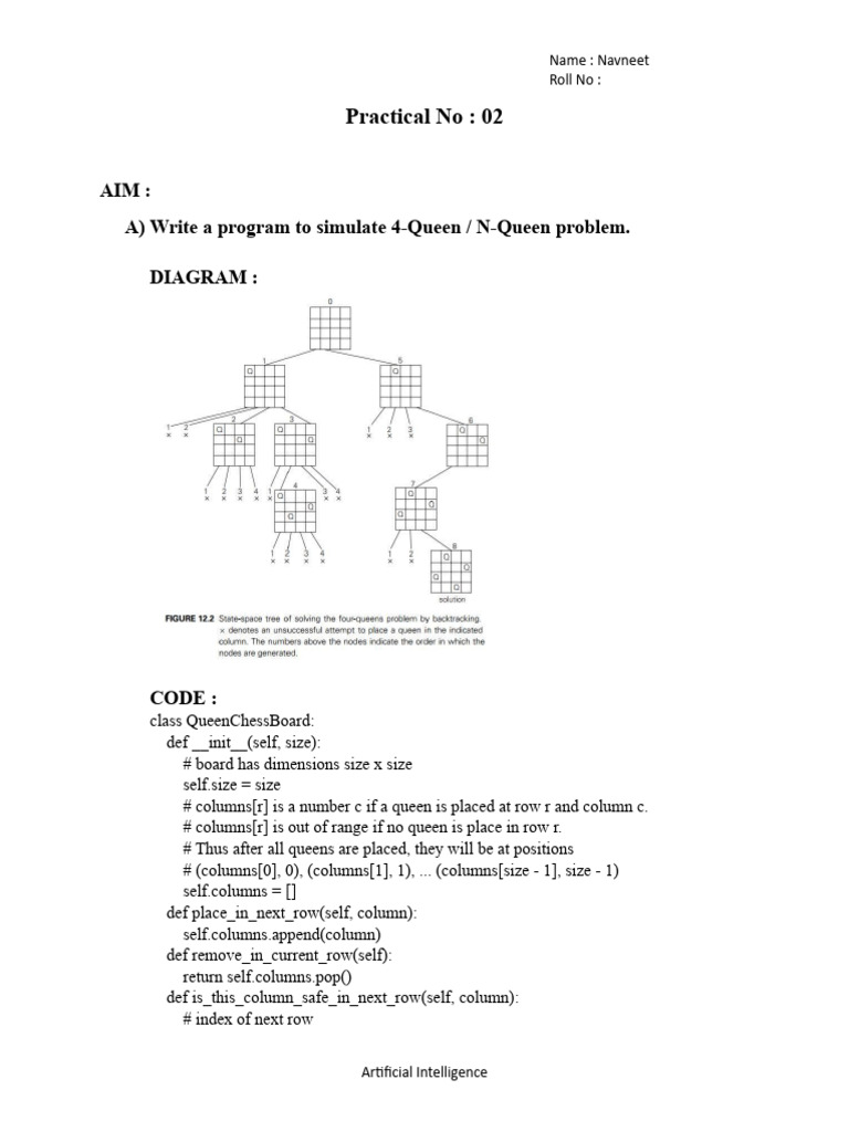 Practical no 02 aim a write a program to simulate 4 queen n queen