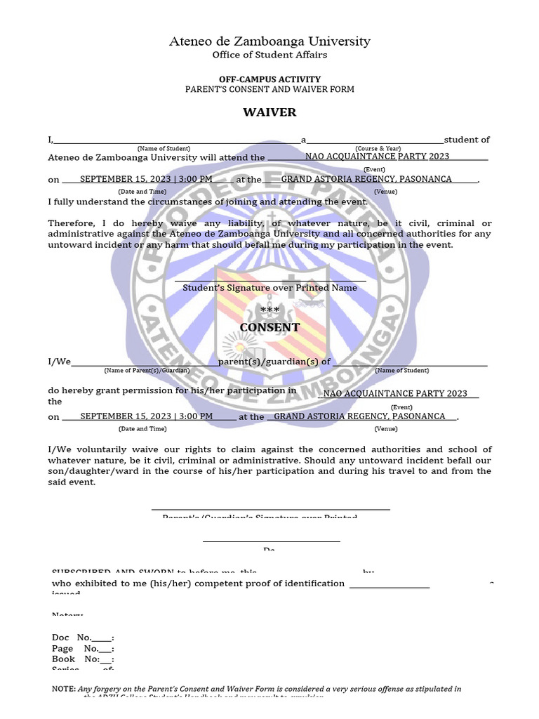 Parent Consent for NAO Party 2023 | PDF | Public Law | Document