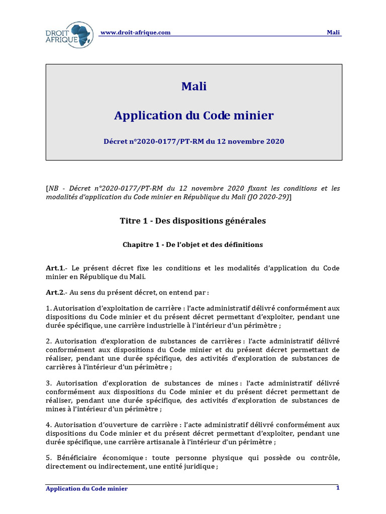 Application du Code minier au Mali | PDF | Exploitation minière ...