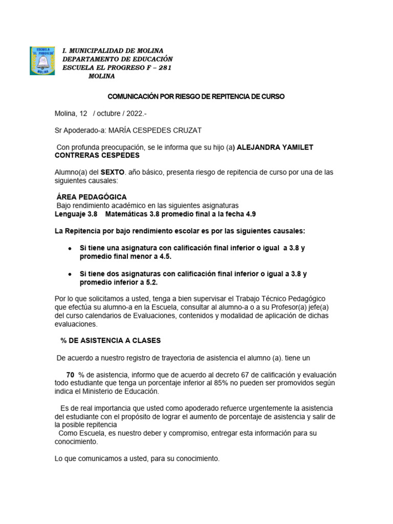 Carta Por Riesgo de Repitencia de Curso Alejandra | PDF