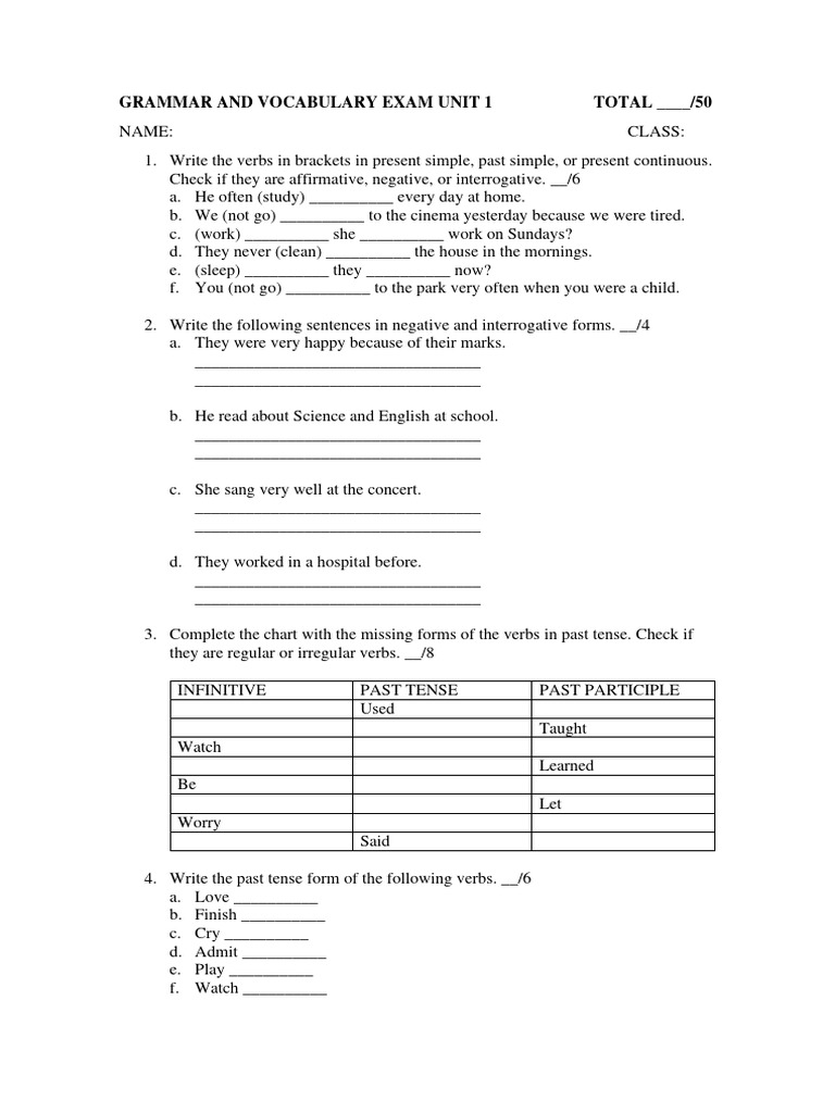 Grammar and Vocabulary Exam Unit 1 | PDF | Verb | Grammatical Tense