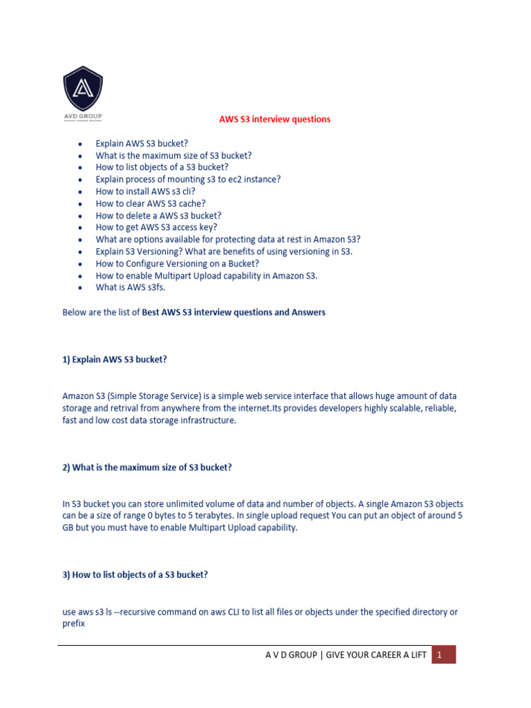 AWS S3 Interview Questions PDF Apache Hadoop Amazon  Services