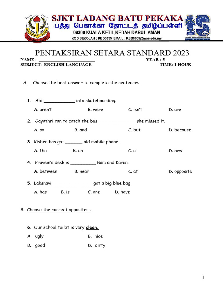 Year 5 Mid Term English Paper 2023 Pdf