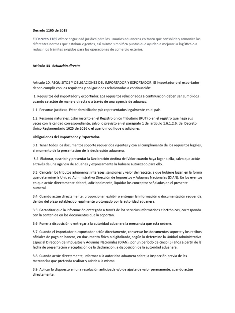 Resumen del Decreto 1165 de 2019 | PDF | aduana
