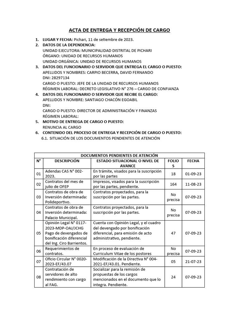 Acta de Entrega de Cargo Municipal | PDF | Finanzas y dinero
