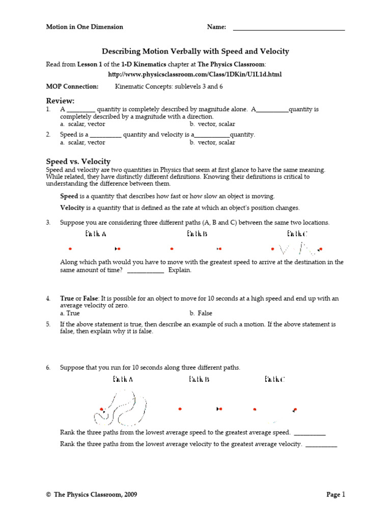 Speed and Velocity - Worksheet | PDF | Velocity | Speed