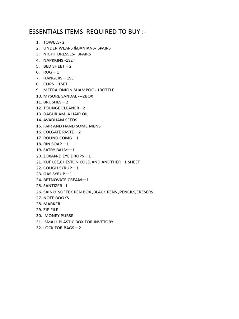 Essentials Items to Lpu PDF