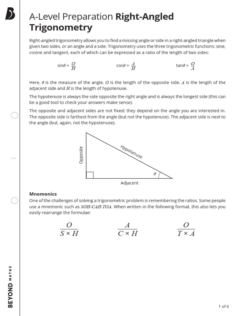 A-Level Preparation - Right Angled Trigonometry | PDF | Trigonometry ...