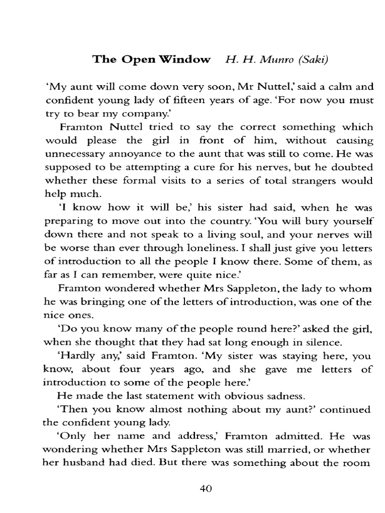 The Open Window: A Short Story Analysis | PDF | Saki