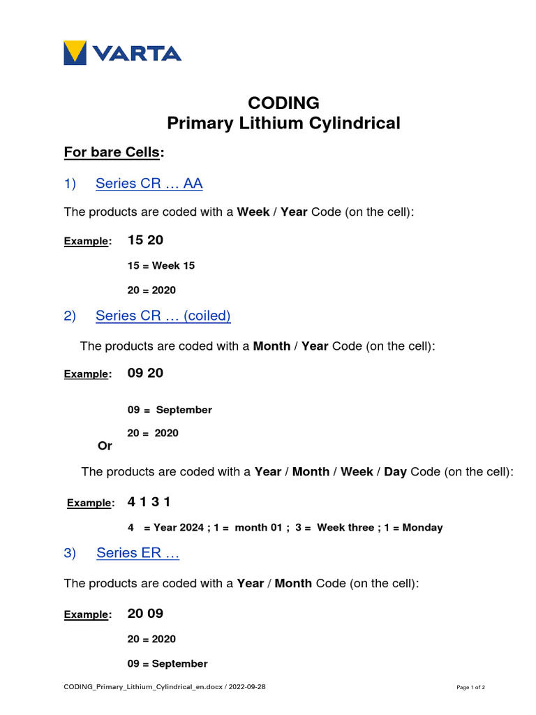 Primary Lithium Cell Coding Guide | PDF