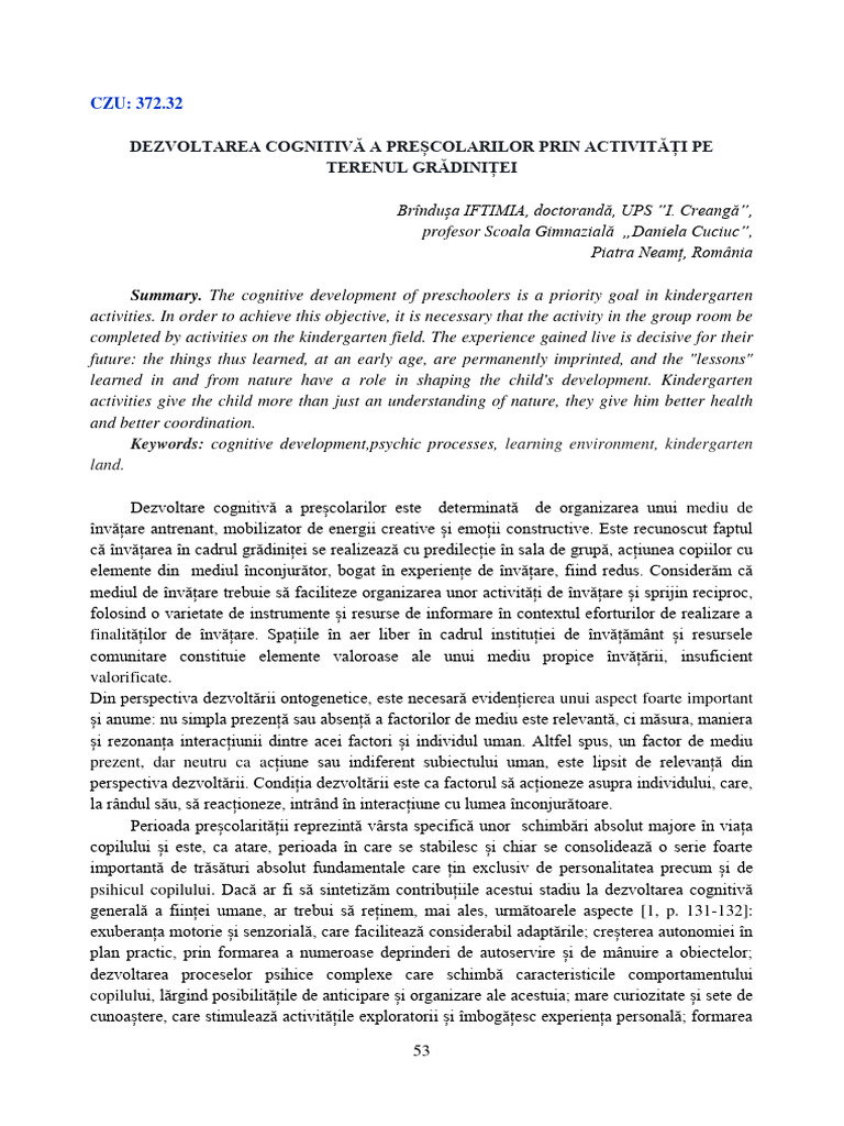 Articol. Dezvoltarea Cognitiva A Prescolarilor Prin Activitati Pe ...