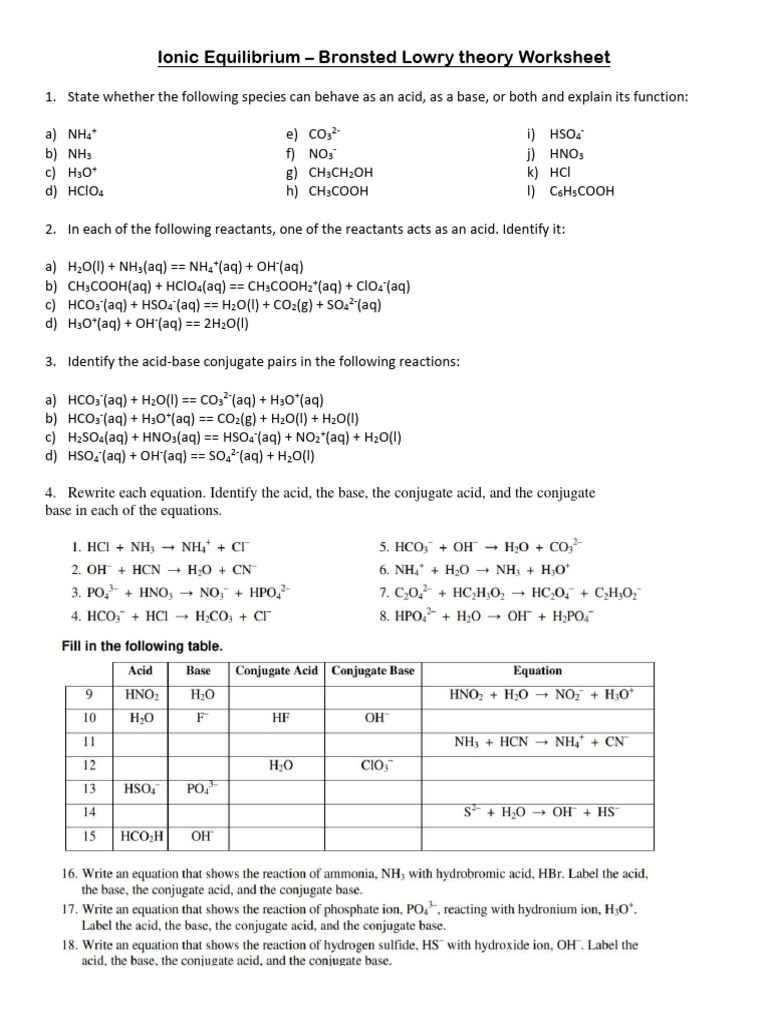 Bronsted Lowry Theory Worksheet 01 PDF