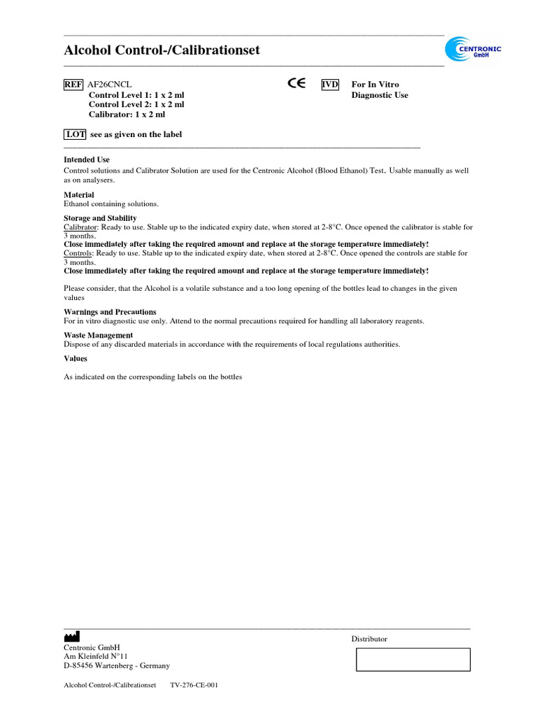 Alcohol Control-CalibrationsetTV-276-CE-001 | PDF