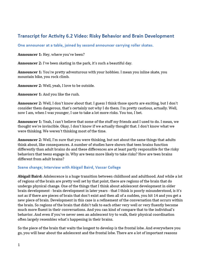 Transcript For Activity 06.2 | PDF | Adolescence | Brain