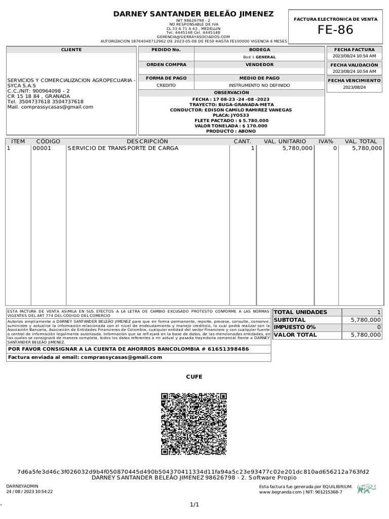 Factura Fe-86 Agropecuaria Syca | PDF | Factura | Dinero