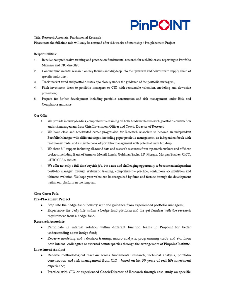 JD - Research Associate - PinPoint | PDF | Hedge Fund | Investing