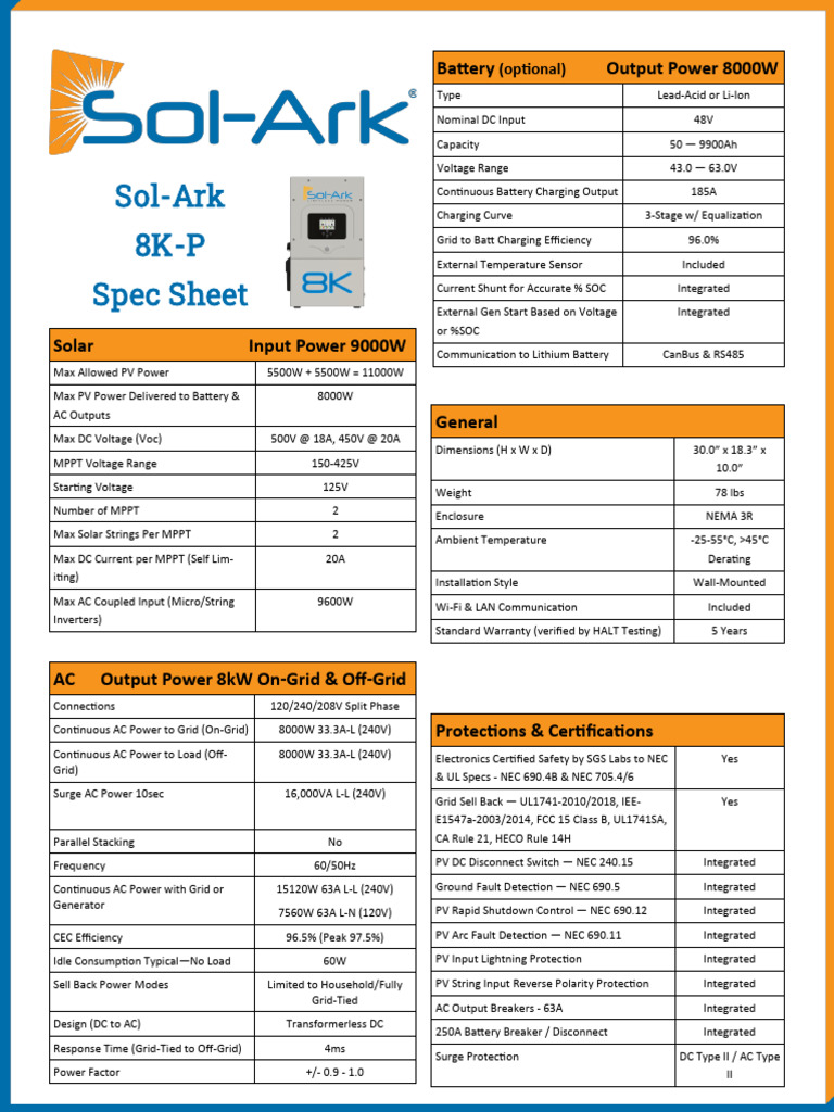 Sol-Ark 8K-P Spec Sheet: Battery Output Power 8000W | PDF | Mains ...